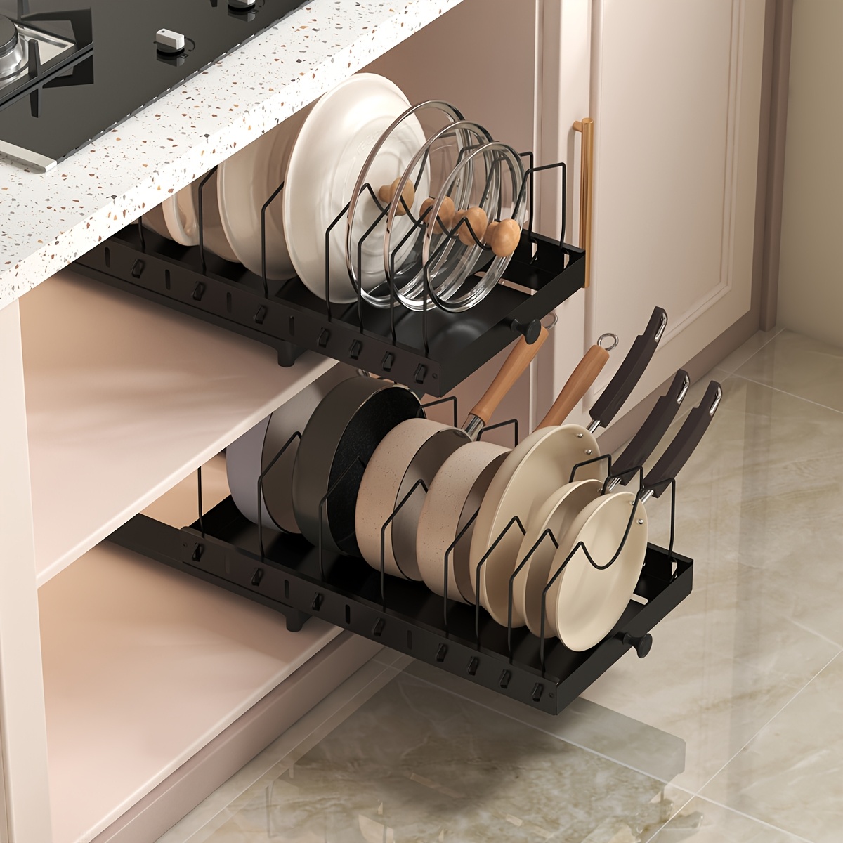 Einziehbarer Deckel-Organizer * für Schrank, Arbeitsplatten-Topf- und Schüsselregal mit verstellbaren Trennwänden, Deckel-Organizer * für Kochgeschirr und Backutensilien, Küchenzubehör