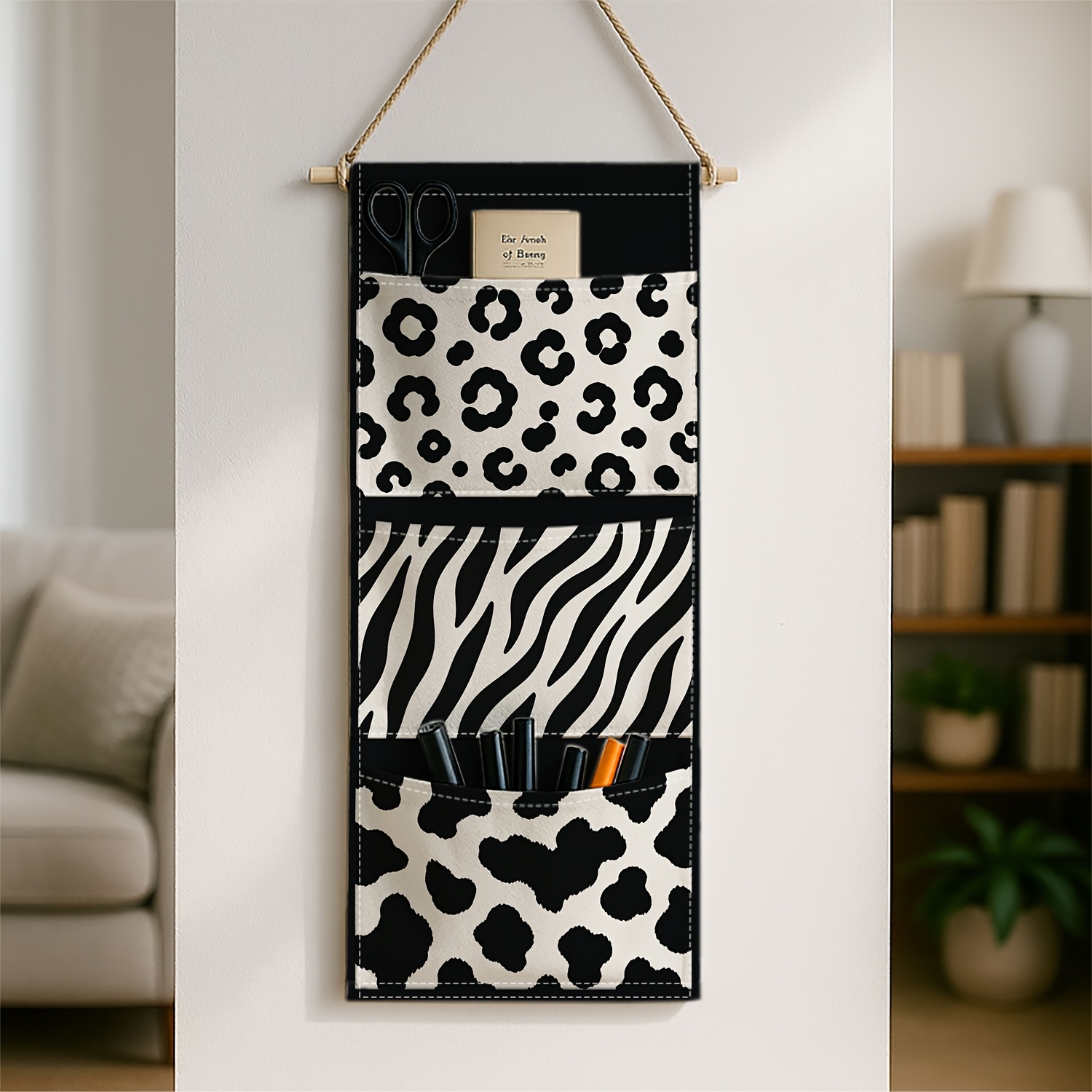 TEMU 1pc - Animal Print- Classic Wall-mounted Storage With 3 Pockets,zebra Leopard Black And White- Bedroom Hanging Shelves, Hanging Organizers,