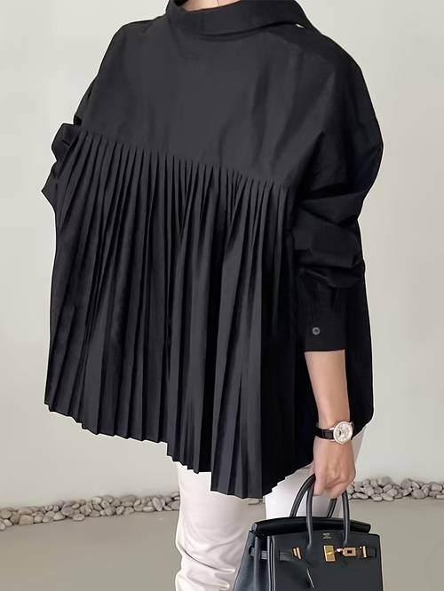 minimalist şık, kadınlar i̇çin siyah sırt düğmeli uzun kollu gömlek - günlük polyester karışımı, makinede yıkanabilir, şeffaf olmayan, çok yönlü giyim| gömlek|düz kumaş