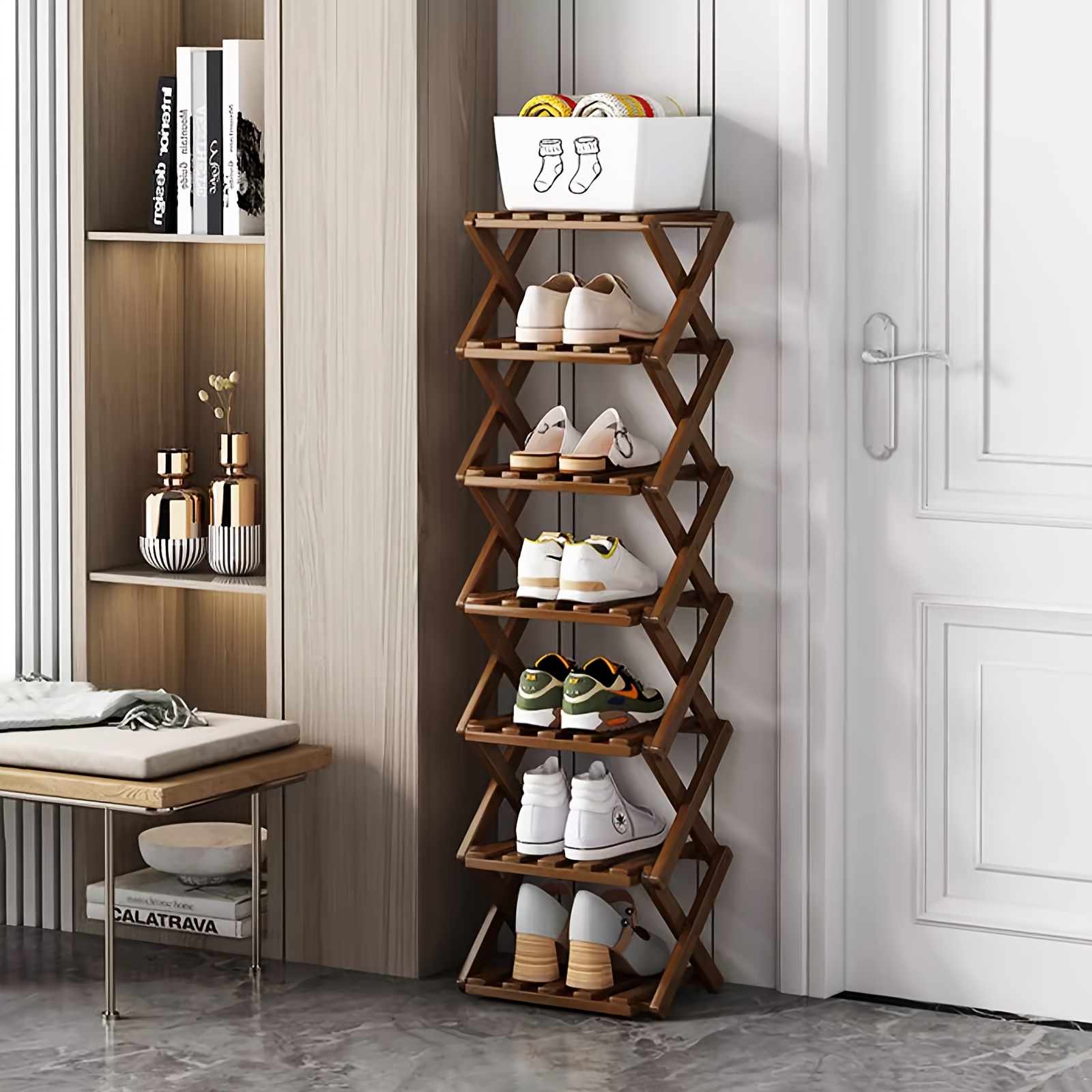 

Easy-fold Bamboo Shoe Rack - Multi-layer, No-install Storage Organizer For Dorms, Living Rooms & Entryways - Available In 4, 5, 6, Or 7 Tiers