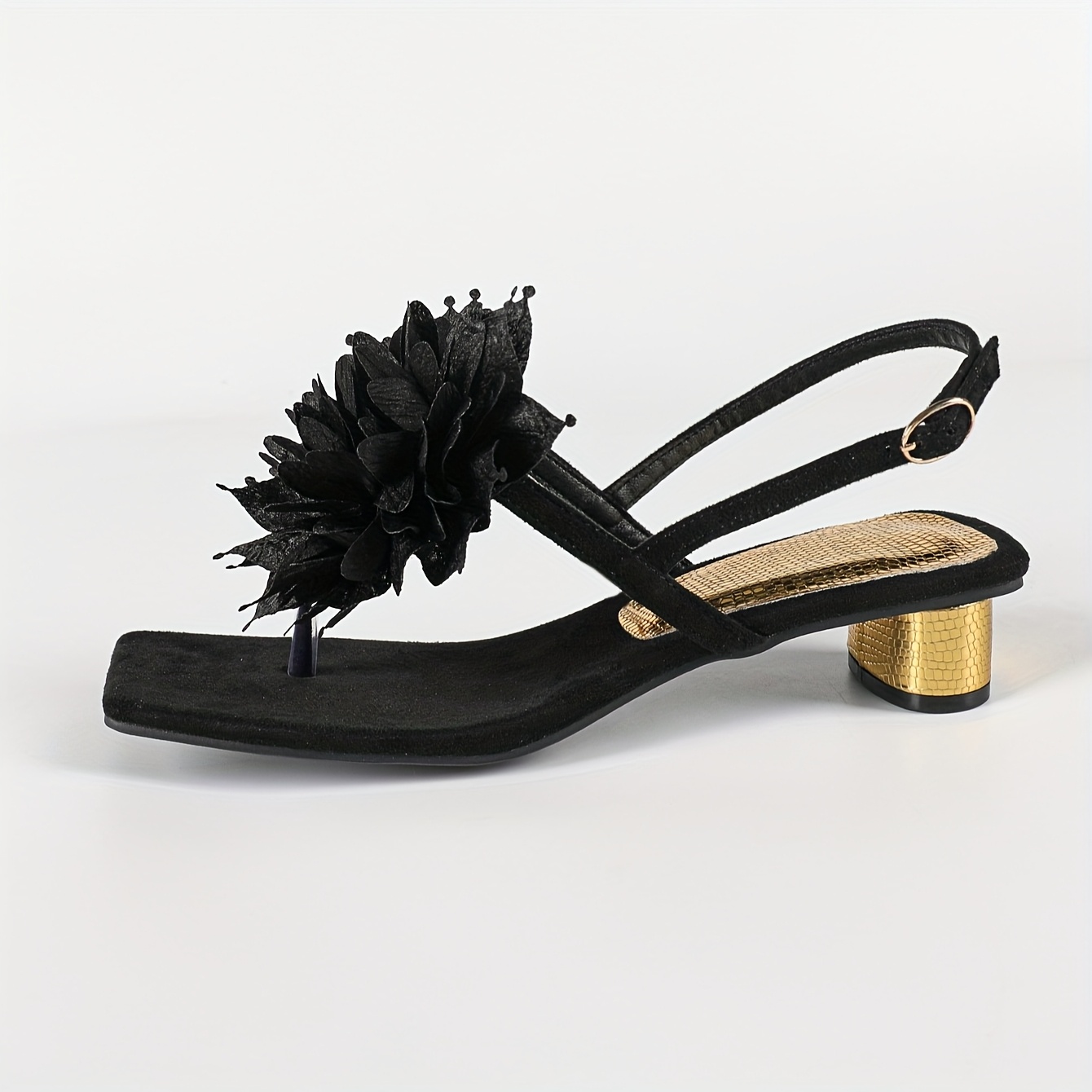 [Black Square-Toe Sandals] Women's Black Square-Toe Open Sandals - Chunky Metallic Heel, Synthetic Cover Platform Shoes for Parties, Formal Events, Everyday Outfits - Cushioned Insole & Non-Slip TPR Sole - Elegant Evening & Casual Footwear, Chunky Heel Sandals, Party Footwear, Accents