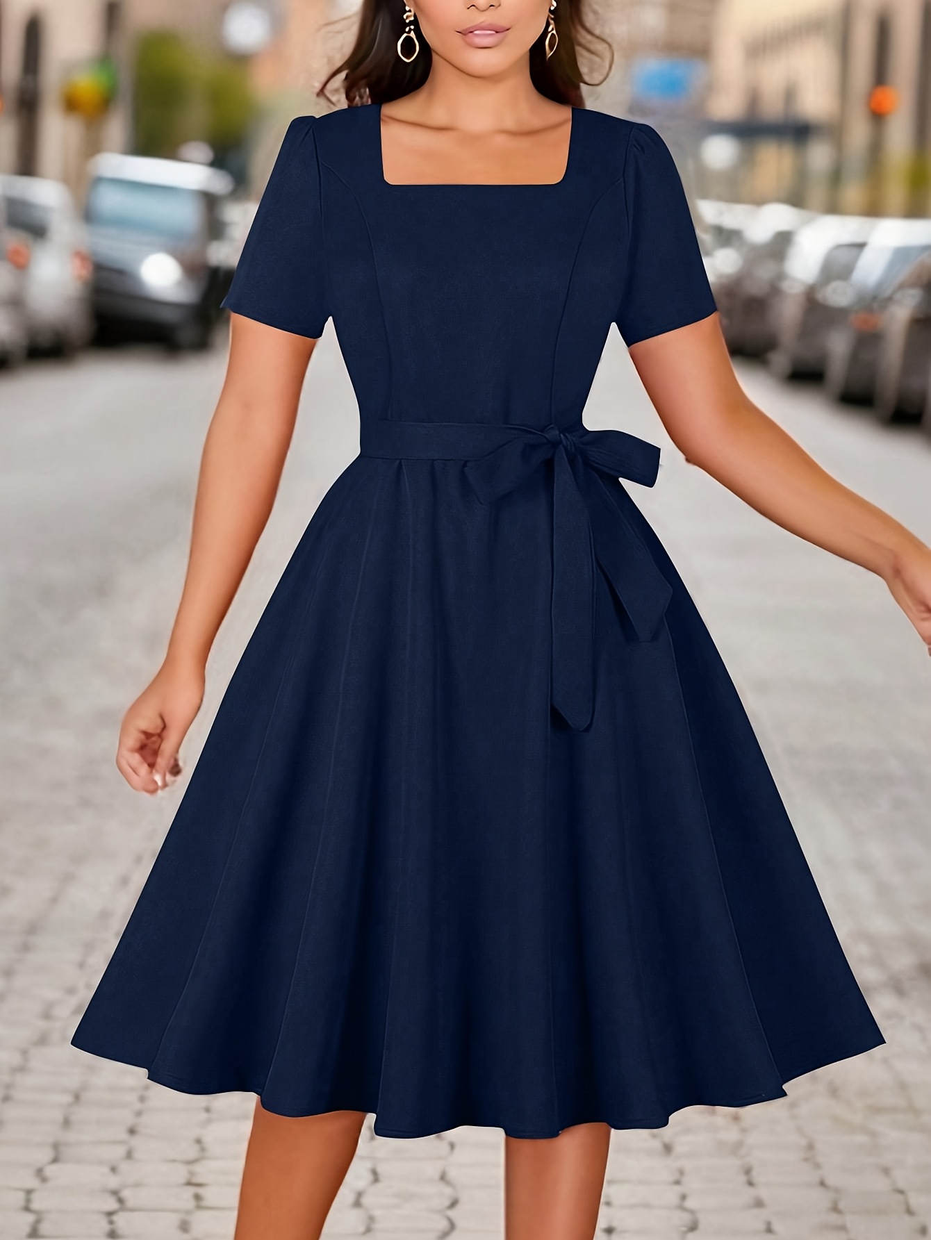 knee length navy blue casual dress Women's Navy Blue A Line Midi Dress Square Neck Short The elegant design is ideal for parties New Arrivals Navy blue maxi
