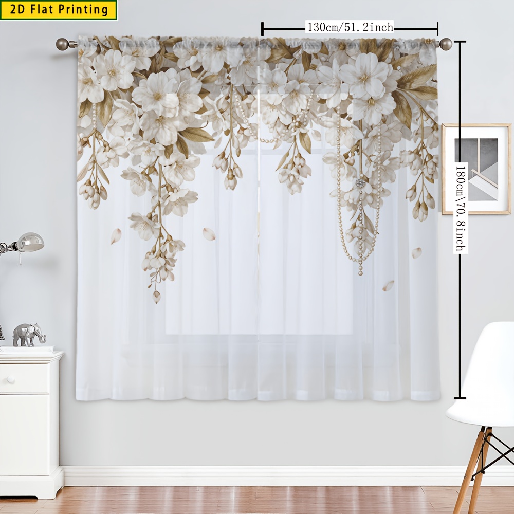 TEMU 2d Flat - 2d Flat - 2pcs 2d Flat Printing Cream-white Drooping Flowers, Bead Embellishment, Background, Fresh Elegant Printed Home Decor Sheer