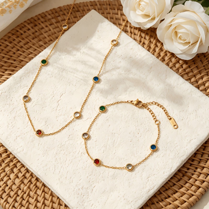 Image of 2pcs Stainless Steel Set, Necklace & Bracelet | 18k Golden Plated, Waterproof & Sweatproof | Elegant Gentle Style, Ideal For Daily , Dates & Anniversary Gifts