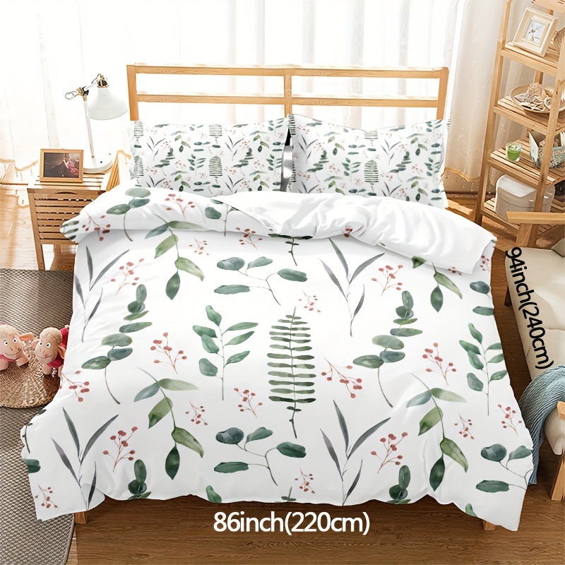 TEMU Juego de nórdica minimalista con hojas verdes y pequeñas flores , ideal para todas con ropa de cama de