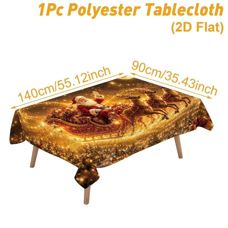 TEMU 2D Plat, 1 stuk, Kerst Gouden Feesttafelkleed, Modern Tafelkleed met Patronen van Kerstman en Rendier, Rechthoekig Tafelkleed, Tafeldecoratie