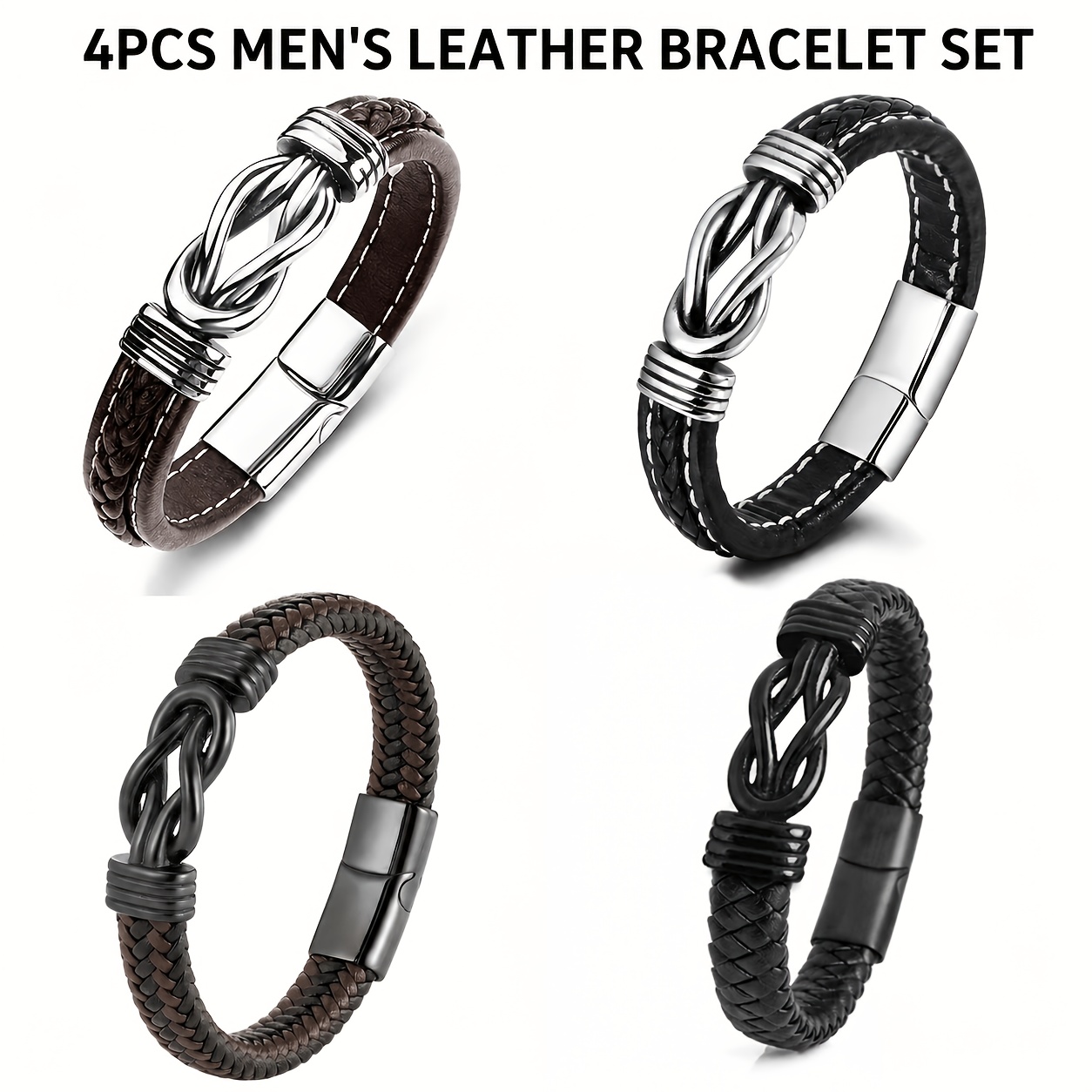 TEMU 4pcs Men's Woven Pu Bracelet Set, Classic Infinite With Magnetic Clasp, Retro Fashion Wristband, Suitable For Daily Casual Wear Men's Jewelry