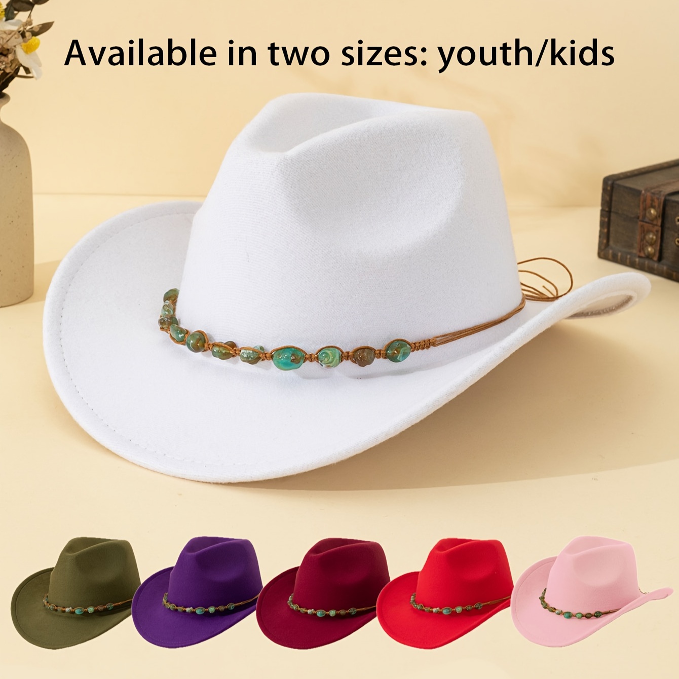 

Kids' Vintage Turquoise-accented Felt Hat - Perfect For Daily Wear, Outdoor Adventures & Parties - Cowboy Style Jazz Cap With Curled Brim - Machine Washable Polyester