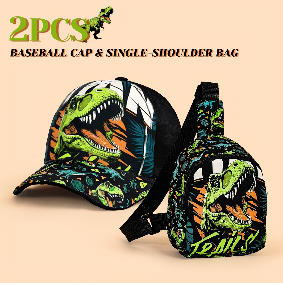 Image of 2pcs -5y Cool Dinosaur Baseball Cap And Chest Bag Set, Trendy And Stylish, Adjustable Strap Fits All Body Shapes, Perfect For Daily And Outdoor Play For Boys, Ideal Gift