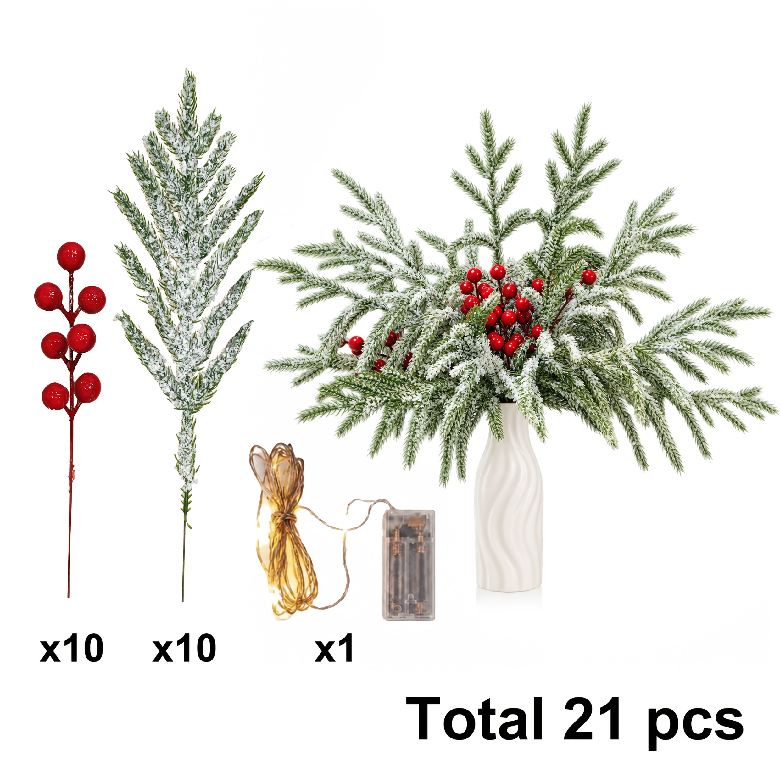 TEMU 21 Artificial Norfolk Pine Branches With Light String Design, Featuring Red Berries. 12.8-inch Christmas Green. Choose Norfolk Pine Trunks And
