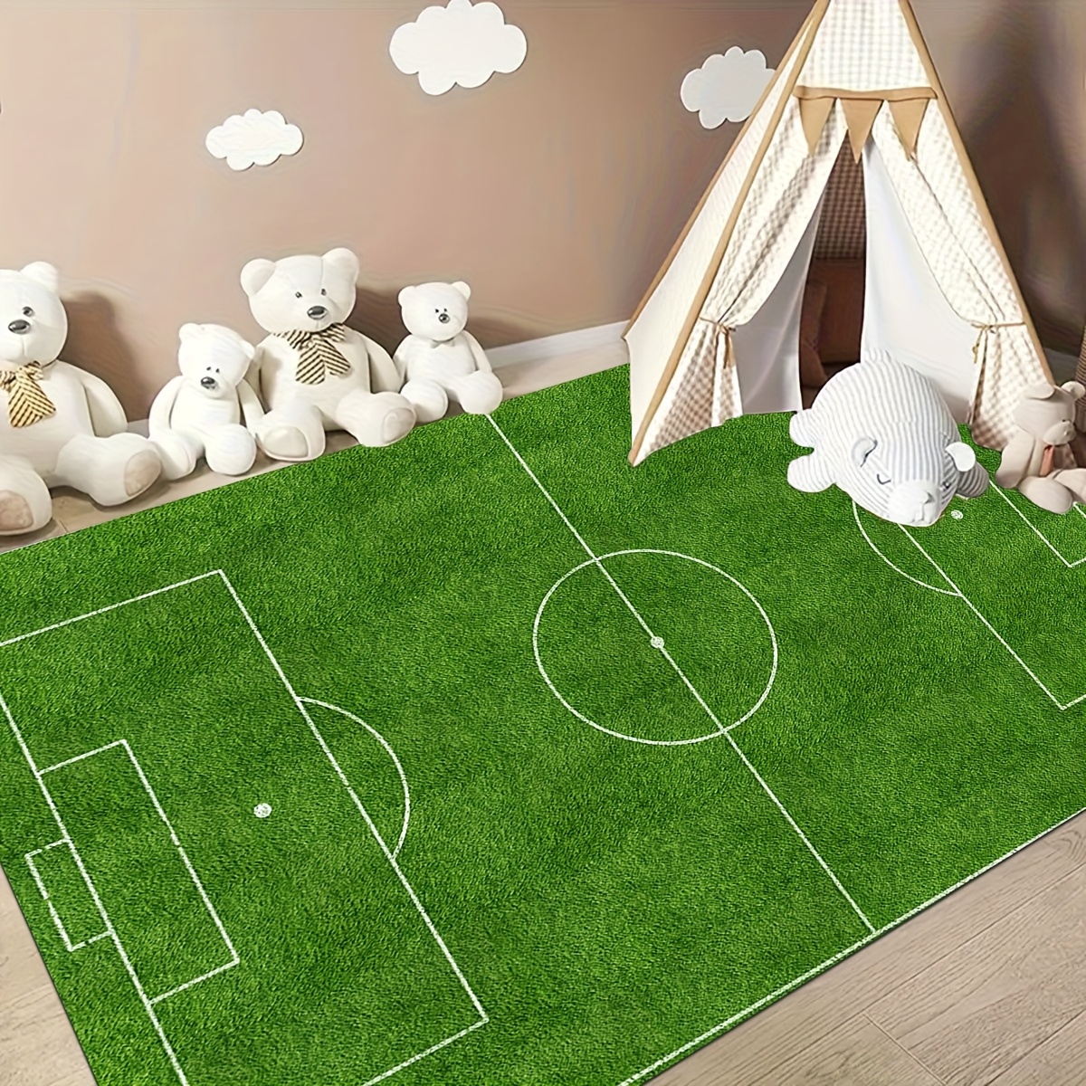 TEMU 1pc Football Field Area Mat, Thickened Sponge Mat, Large Printed Play Mat, Spring/summer, Outdoor Theme, Home Decor For Living Room & Bedroom,