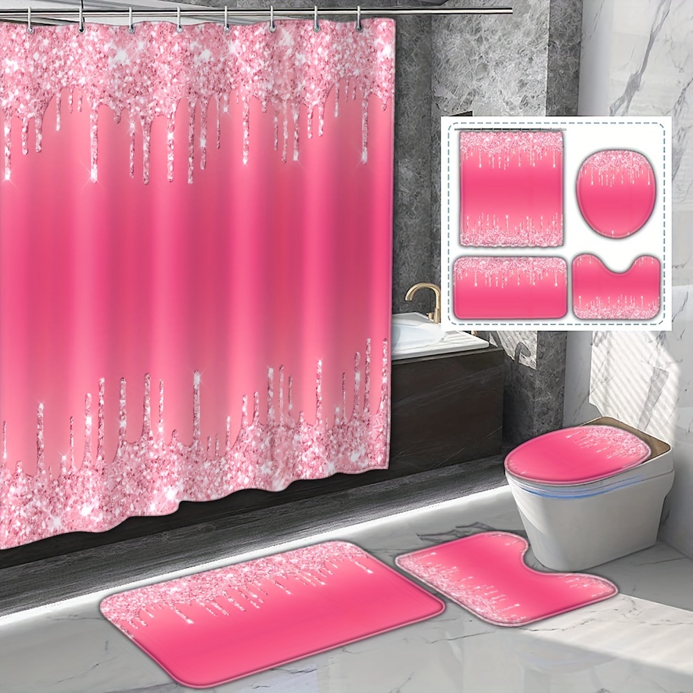 

Pink Gradient Glitter Shower Curtain Set With 12 Hooks: Artistic, Waterproof, And Seasonal Bathroom Decor For Walk-in Showers