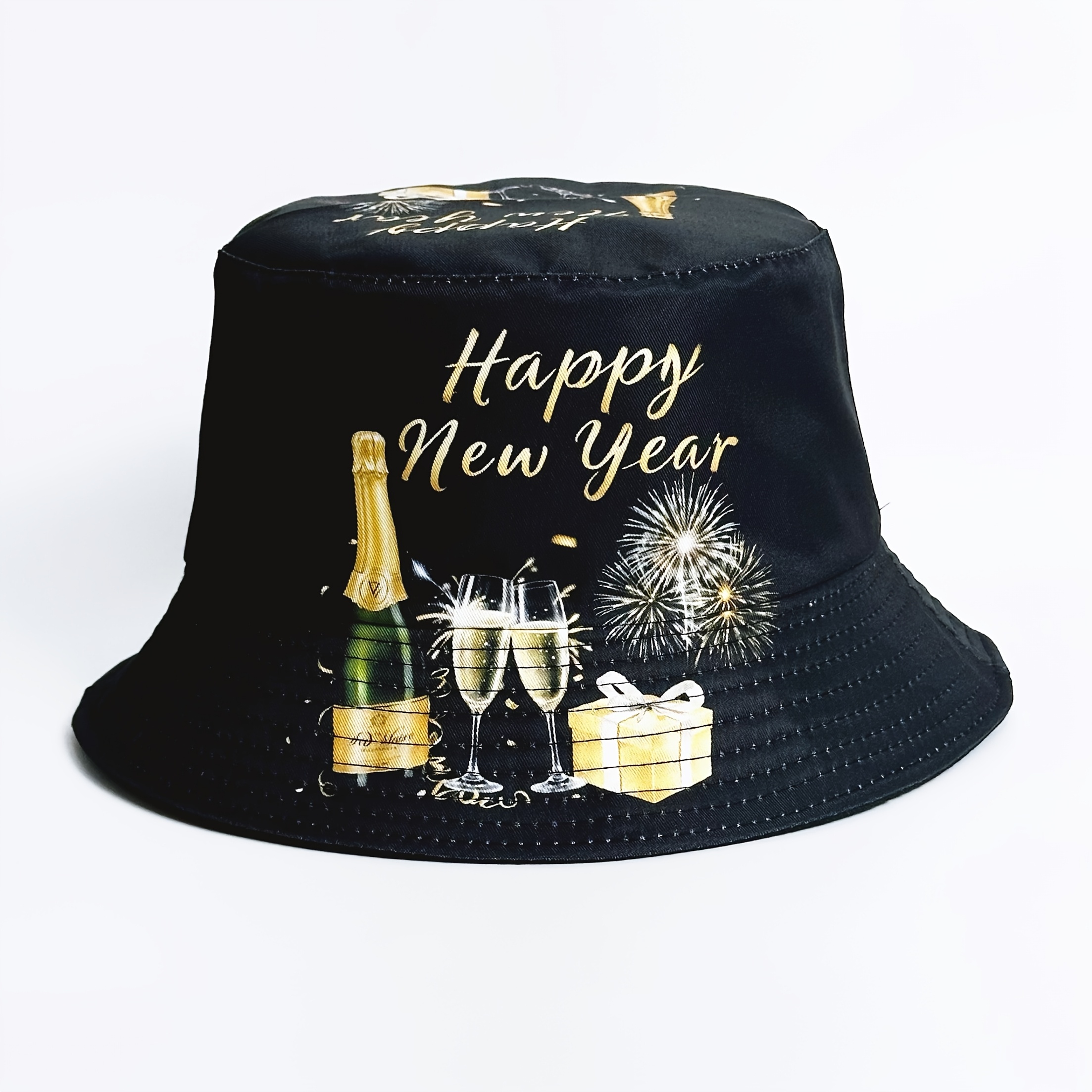 TEMU 1pc Men's & Women's New Year & Christmas Party Hat With Golden Champagne Fireworks Print - Black & Golden Unisex Lightweight Headpiece Suitable