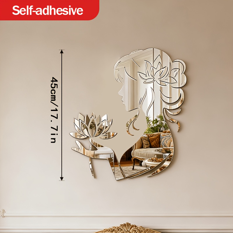 TEMU 45cm Acrylic Lotus Girl Combination Decorative Mirror, Lotus Theme - Artistic Hollow Decorative Mirror - Suitable For Bathroom, Living Room,