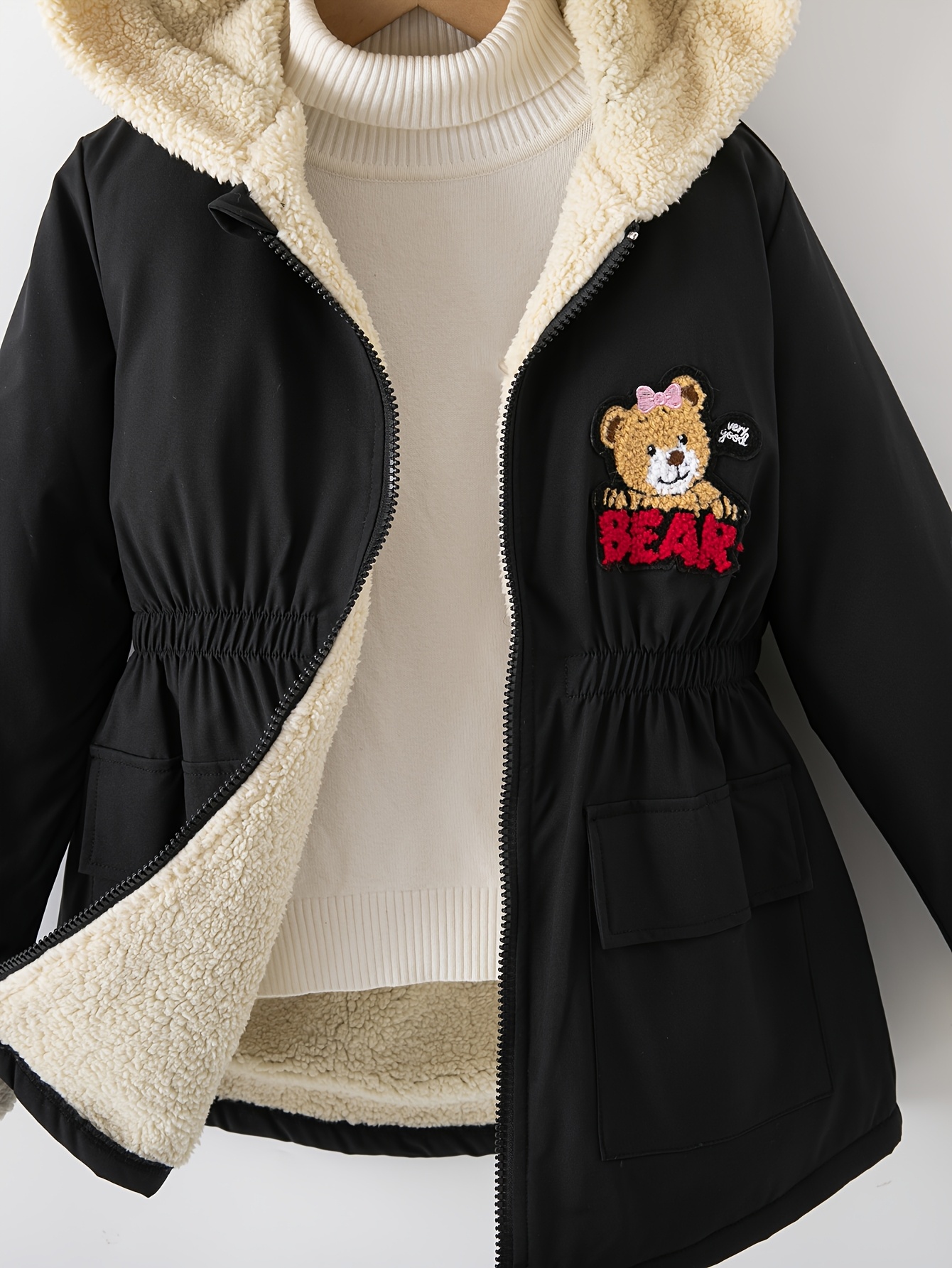 Girls' Cartoon Bear Embroidered Patchwork Hooded Jacket