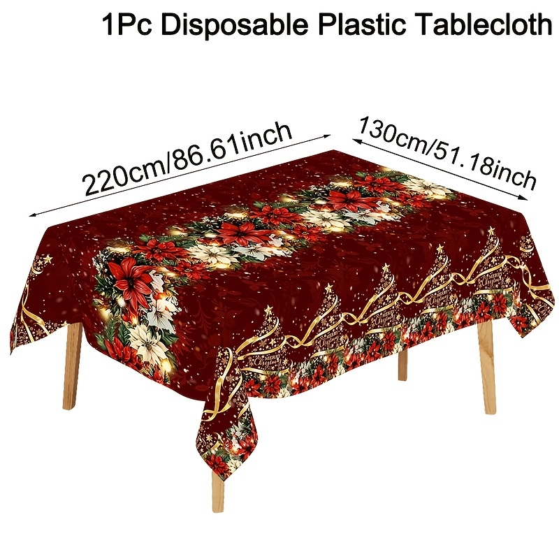 TEMU 1pc Christmas New Year Tablecloth, Red Poinsettia Xmas , 130 X 220cm Disposable Plastic Dining Table Cover, Suitable For Picnic, Dinner, And