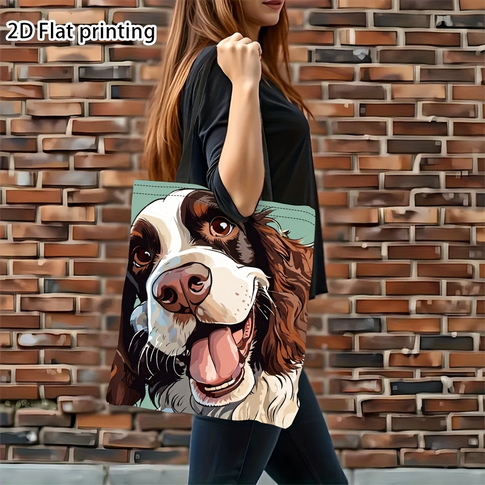 TEMU 1pc Of A Two-dimensional Flat, Double-sided Printed Canvas Tote, Featuring A Beautiful Cartoon Portrait Of An English Spaniel, A Printed Handbag
