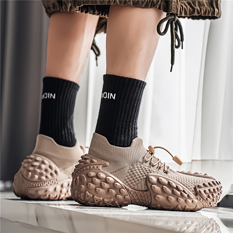 Sand-colored Knitted Mesh Outdoor Shoes with Particle Detailing, Low-Top Thick-Soled Dad Sneakers, Slip-On with Drawstring, Casual Breathable Athletic Running Shoes, Plus Size Men's Shoes