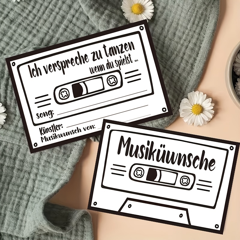 E-shop 50 Stück Deutsche "Musikwünsche" Musikwunschkarten für Hochzeiten, Bälle, Partys – Vintage-Kassette mit deutschen Liedlisten,