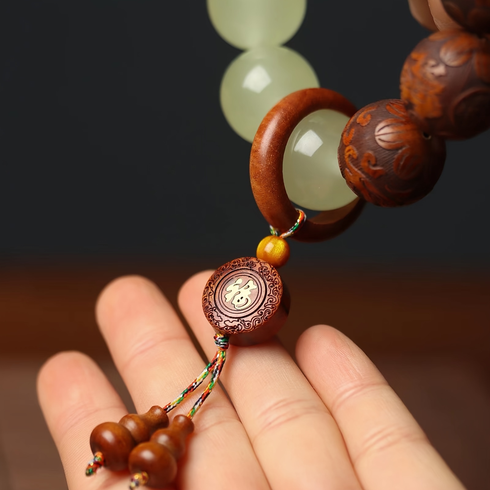 sandalwood pear wood carved luminous beads string with fortune words retro style handcrafted prayer beads for men spiritual gifts meditation accessories jewelry Product details 5