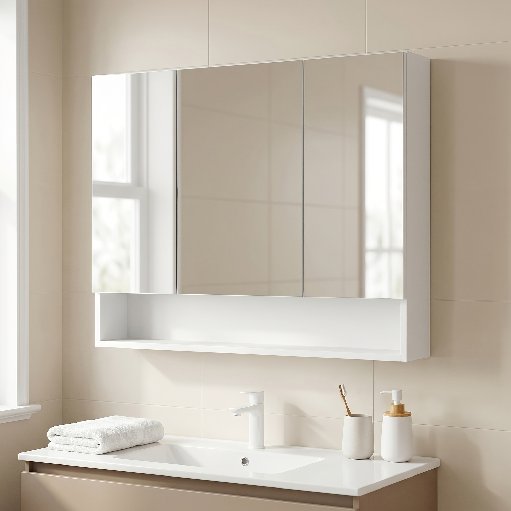 Bathroom Mirror Cabinet, Bathroom Cabinet With Mirror, Wall Mirror Cabinet, Open Compartment, Adjustable Shelves, 16.5 X 90 X 75 Cm, White