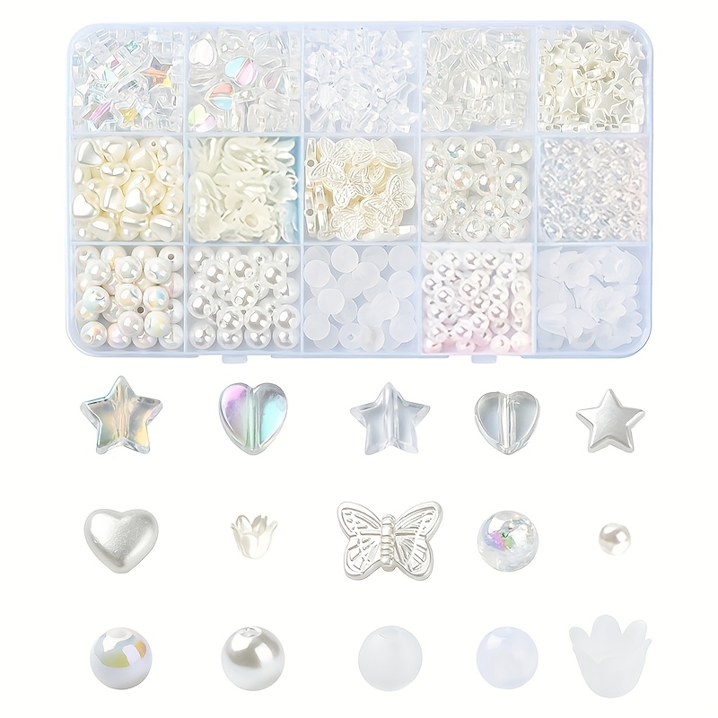 

15-compartment White & Pearl Acrylic Bead Set - Includes Stars, Hearts, Butterflies & Flowers - Ideal For Making, Bracelets, Necklaces - Perfect Birthday Gift For Girls, Charms For Jewelry Making