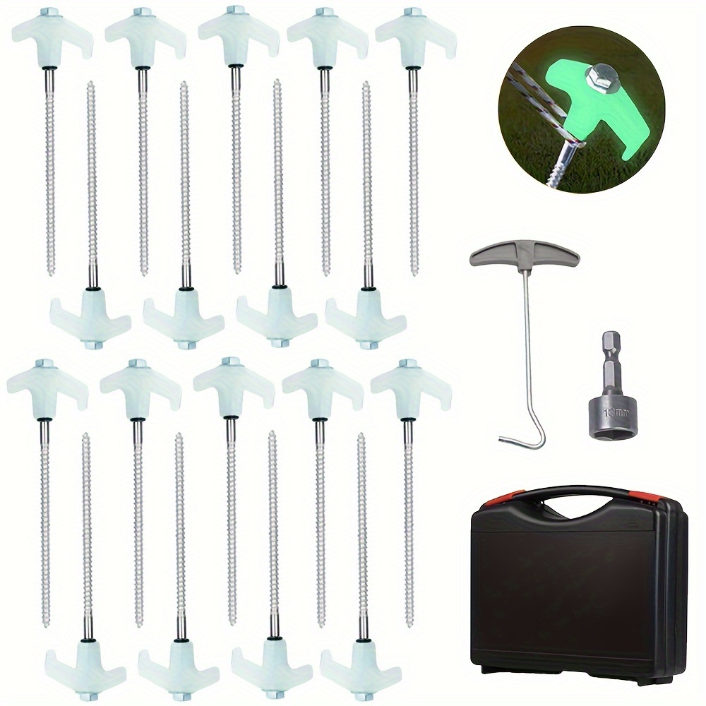 TEMU 21pcs Heavy Duty Tent Stakes Set, Metal Tent Pegs Ground Stakes, Screw Style, -the-dark, For Outdoor Camping, Patio, Garden, Canopies