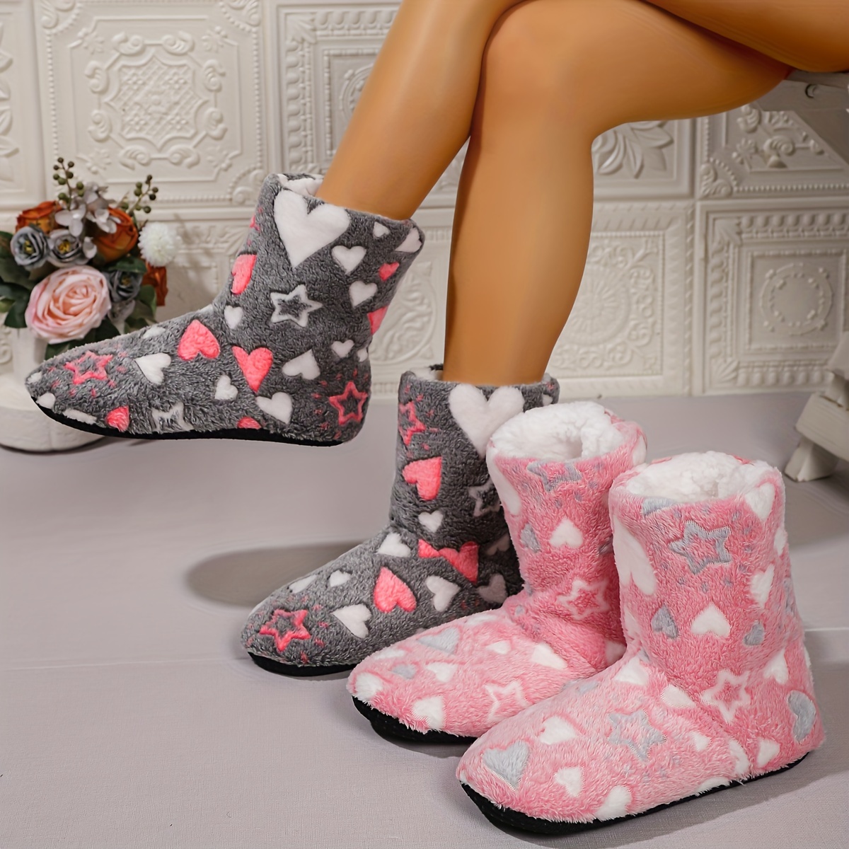 

Cozy Star & Heart Print Plush Women's Slipper Boots - Warm, Non-slip Mid-calf Floor Shoes With Soft Sole