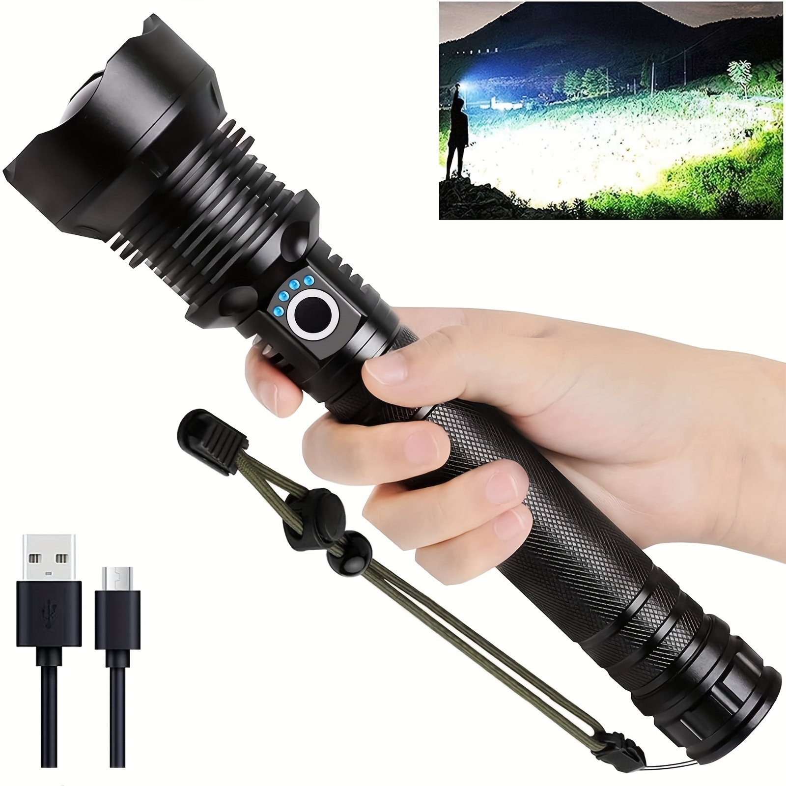 

P70 Rechargeable Led Flashlight, 990000 Lumens Super Bright, 5 Modes, Powerful Handheld Flashlight For Camping And Emergencies