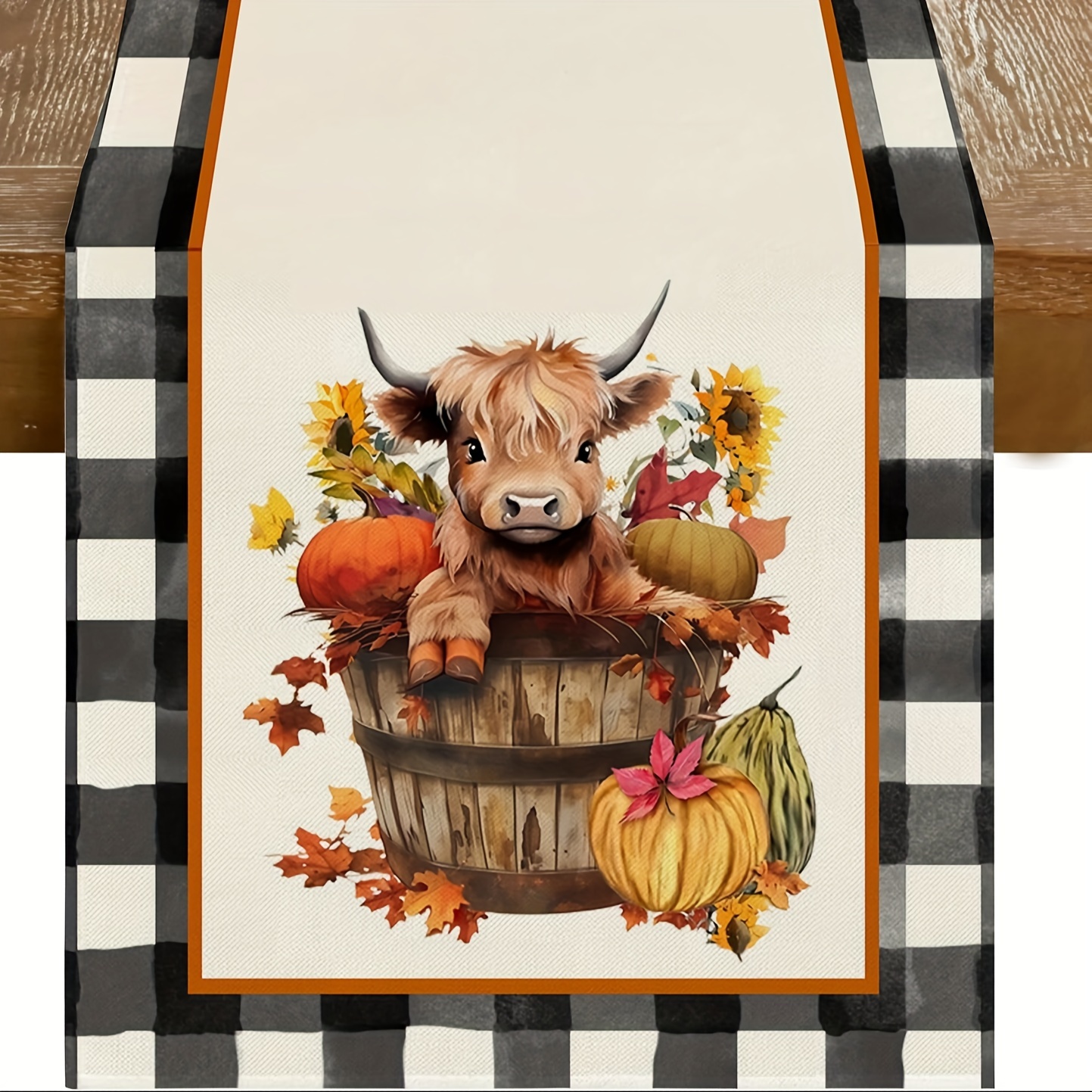 

Linen Table Runner With Highland Cow & Fall Pumpkins Design - Rectangle Woven Buffalo Plaid Thanksgiving Decor For Home, Dining & Parties - Autumn Maple Leaves - 13x48, 13x72, 13x108 Inches