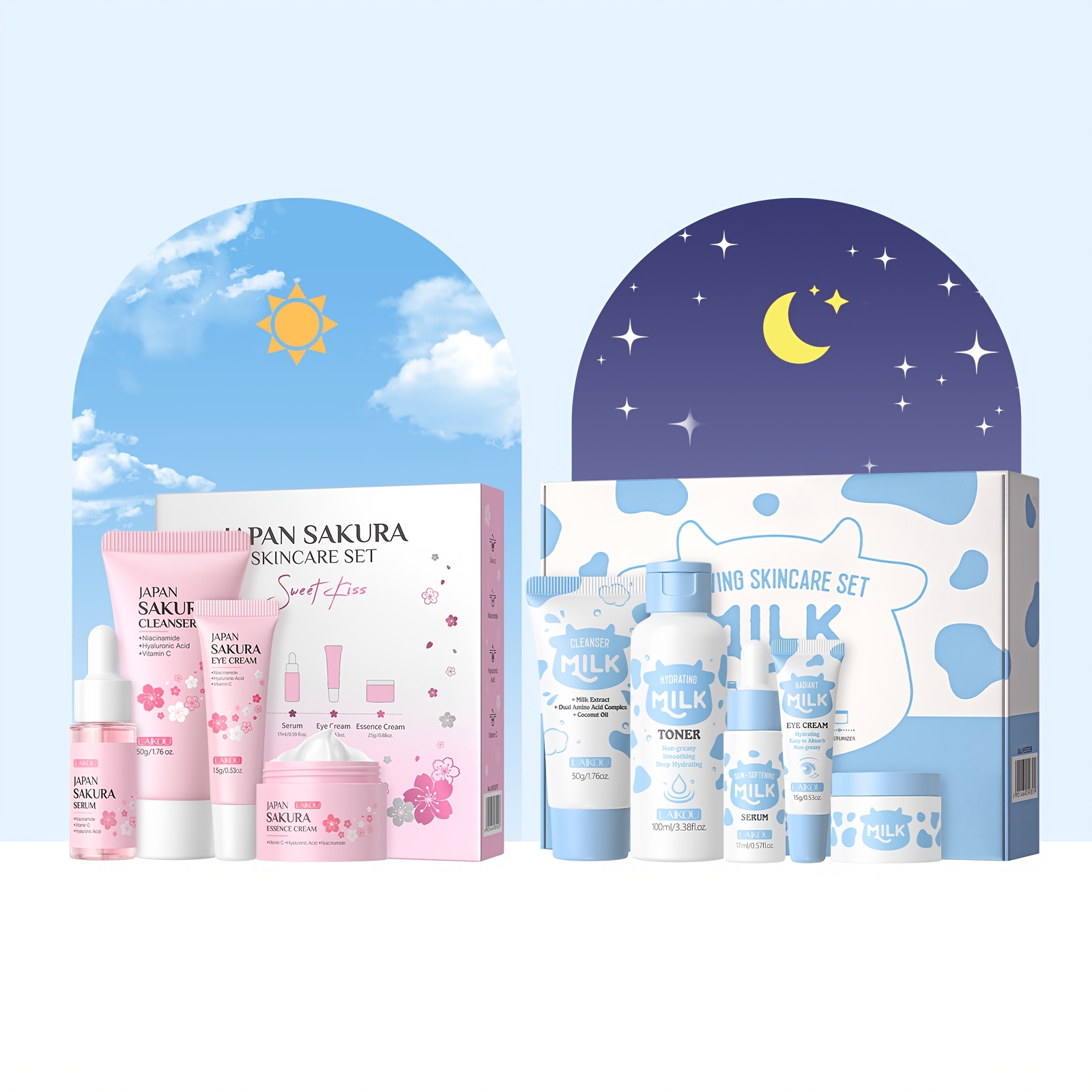 Image of Milk And Sakura Day And Night Skincare Set, Sakura Set For - Mik Set For Night Use - With Cleanser, Toner, Serum, Eye Cream, Moisturizing Cream, And Hydrating, Perfect As A Birthday Gift For