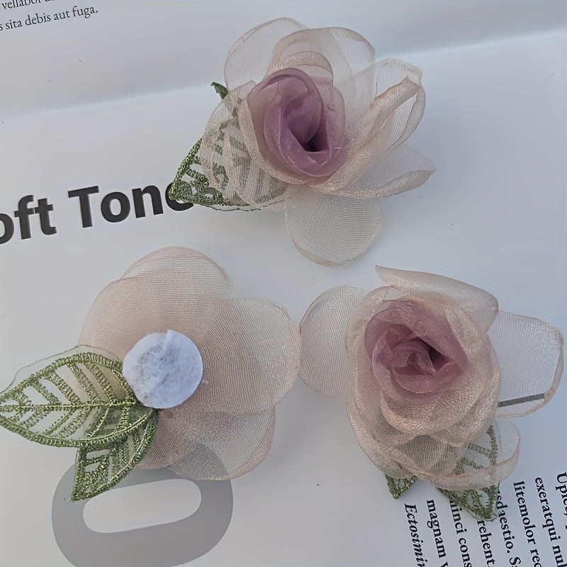TEMU 3pcs Set Of Pink Transparent Mesh Rose Embroidery Appliqués With Leaves, Handmade 3d Floral Decorations, Suitable For Hair Clips And Craft