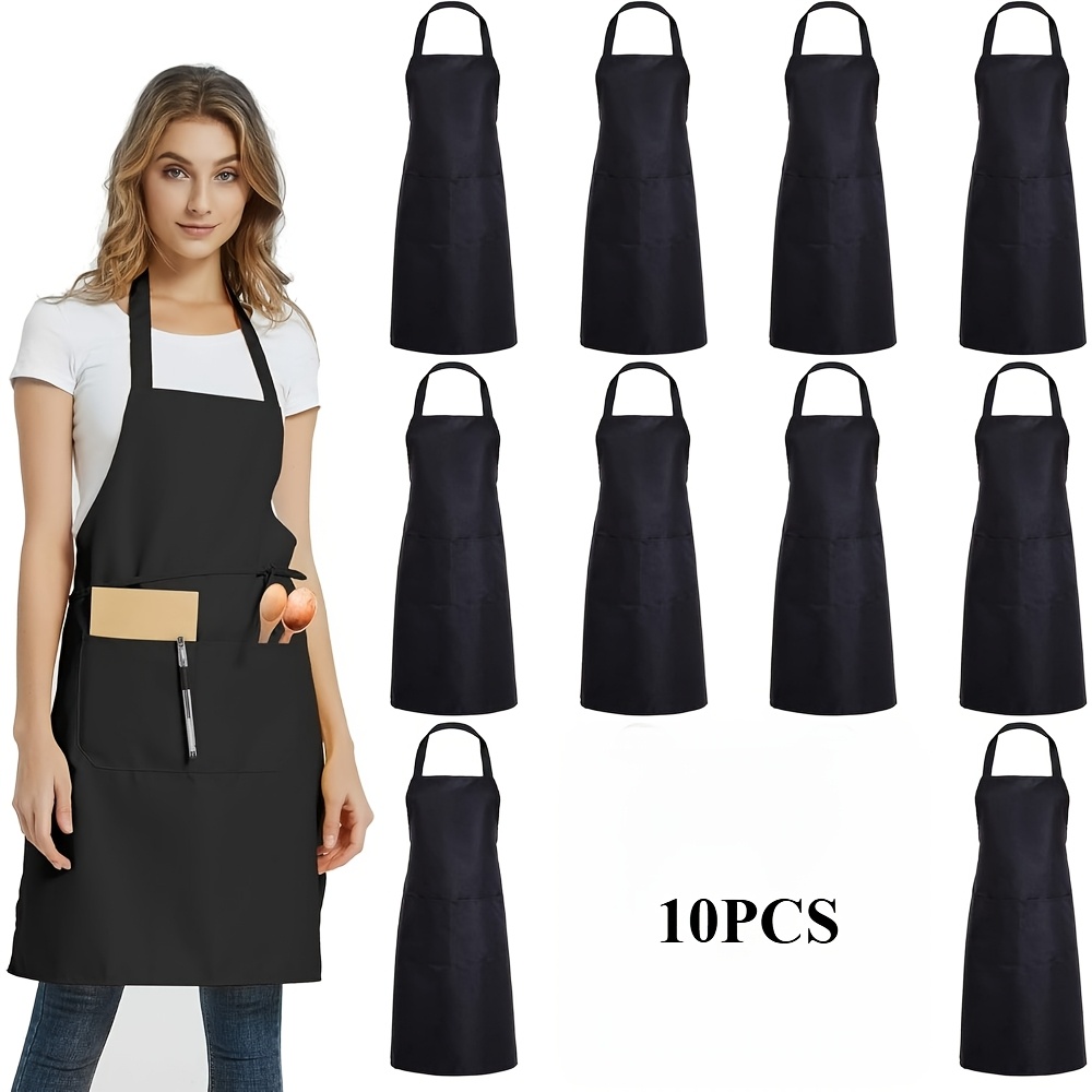 10/20 Pack Plain Bib Aprons With 2 Pockets - Black Unisex Commercial Apron Bulk For Kitchen Cooking Restaurant Bbq Painting Crafting