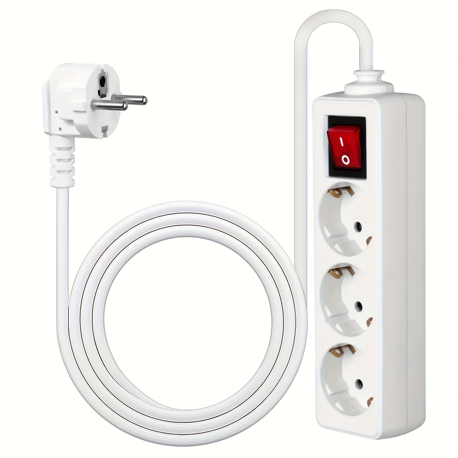 Image of White European- Strip With 3 Sockets And A Switch, Rated For 250v/16a, Featuring A 140cm/55in Long Extension Cord, Suitable For Home And Office Use