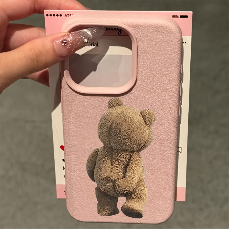 TEMU Lychee Pattern Frosted Anti-fall Mobile Phone Case With Teddy Bear Silhouette