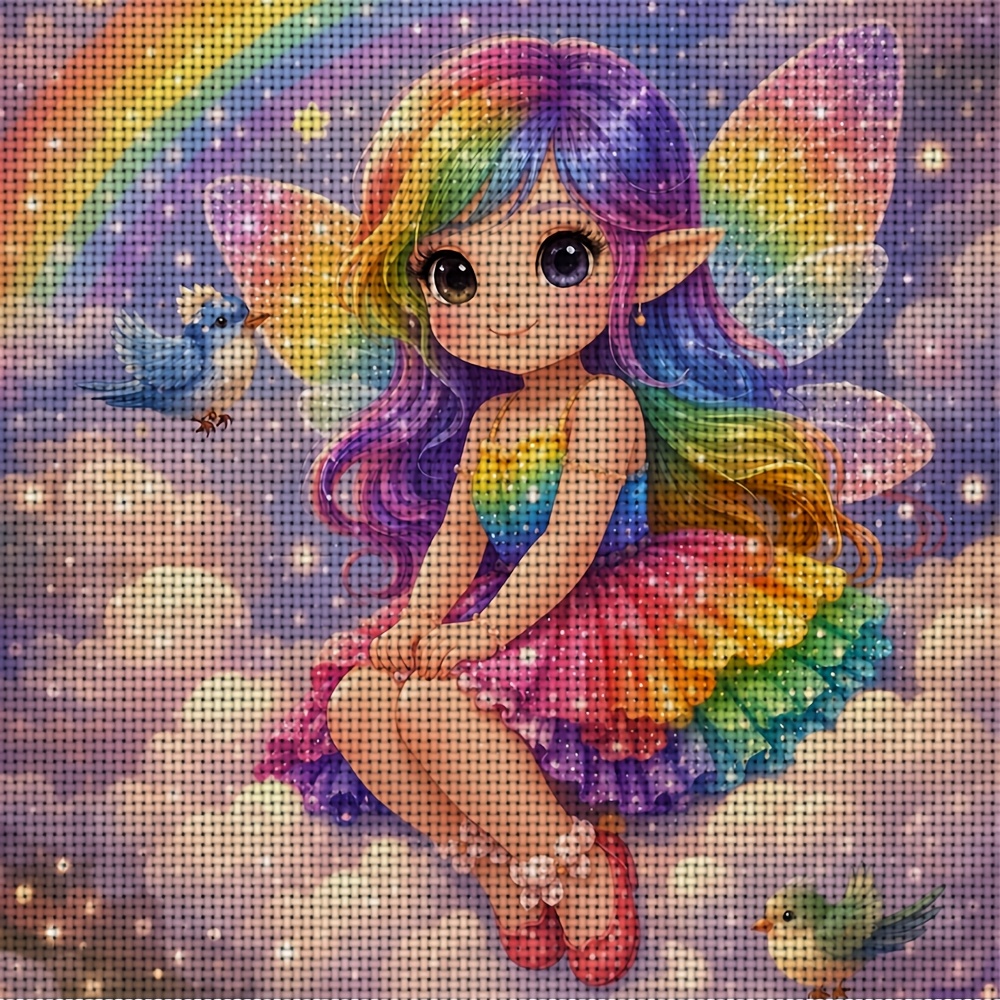Frameless Cross-Stitch Printed Kit, Rainbow Fairy Sitting Among Clouds