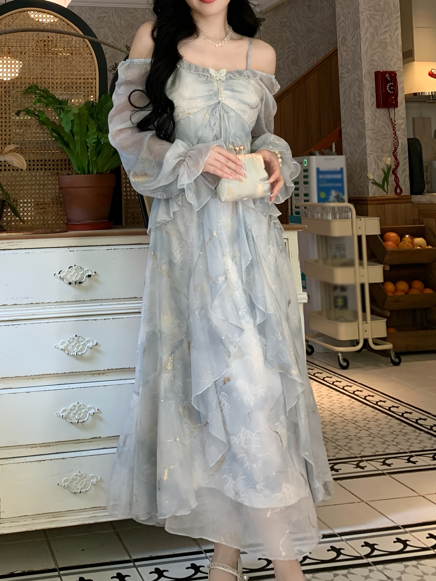 Women's Elegant Lavender Floral Print Off-Shoulder Long Sleeve Dress with  Neckline A-Line Silhouette Machine Washable Spring/Summer Formal