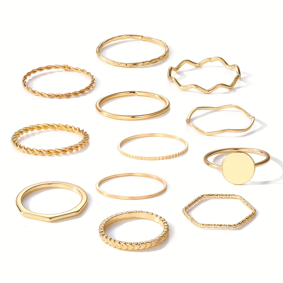 TEMU 12 piezas de juego de anillos redondos y ondulados elegantes y minimalistas - Aleación de tono dorado, para uso diario, fiestas y regalos, ideal