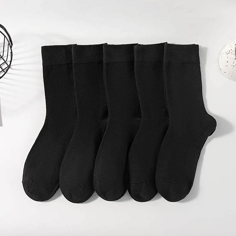 

5 Pairs Soid Mid Tube Socks, Warm Black Crew Socks For Fall & Winter, Women's Stockings & Hosiery