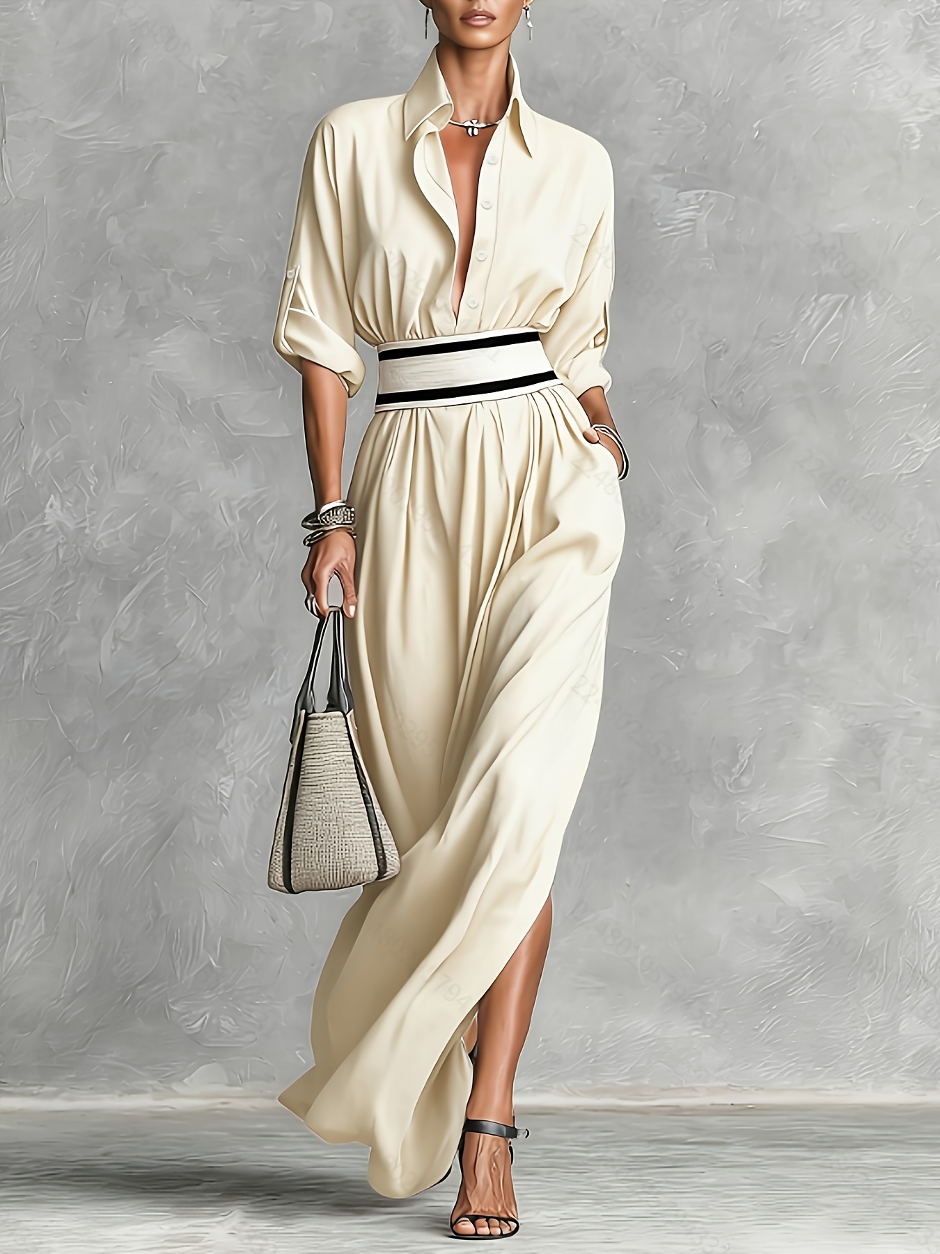 elegant black and white striped dress MO&Co. Women's Gathered Waist Midi Dress in Classic Black and White Stripes Stripe Size L main image 0