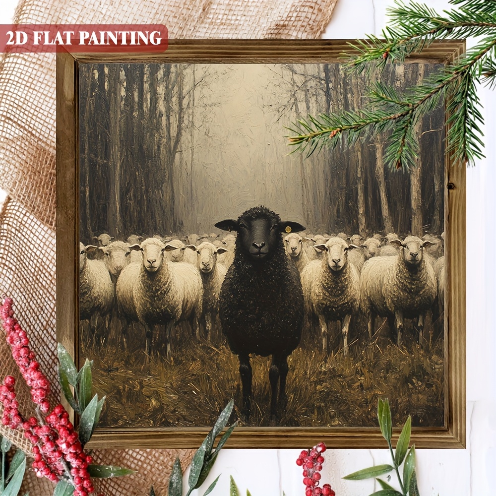 TEMU 2d Flat - Rustic Black Sheep Wooden Sign For Easter, Featuring A 2d Flat Design And A Frame. This Decorative Piece Is Perfect For Farmhouse Or