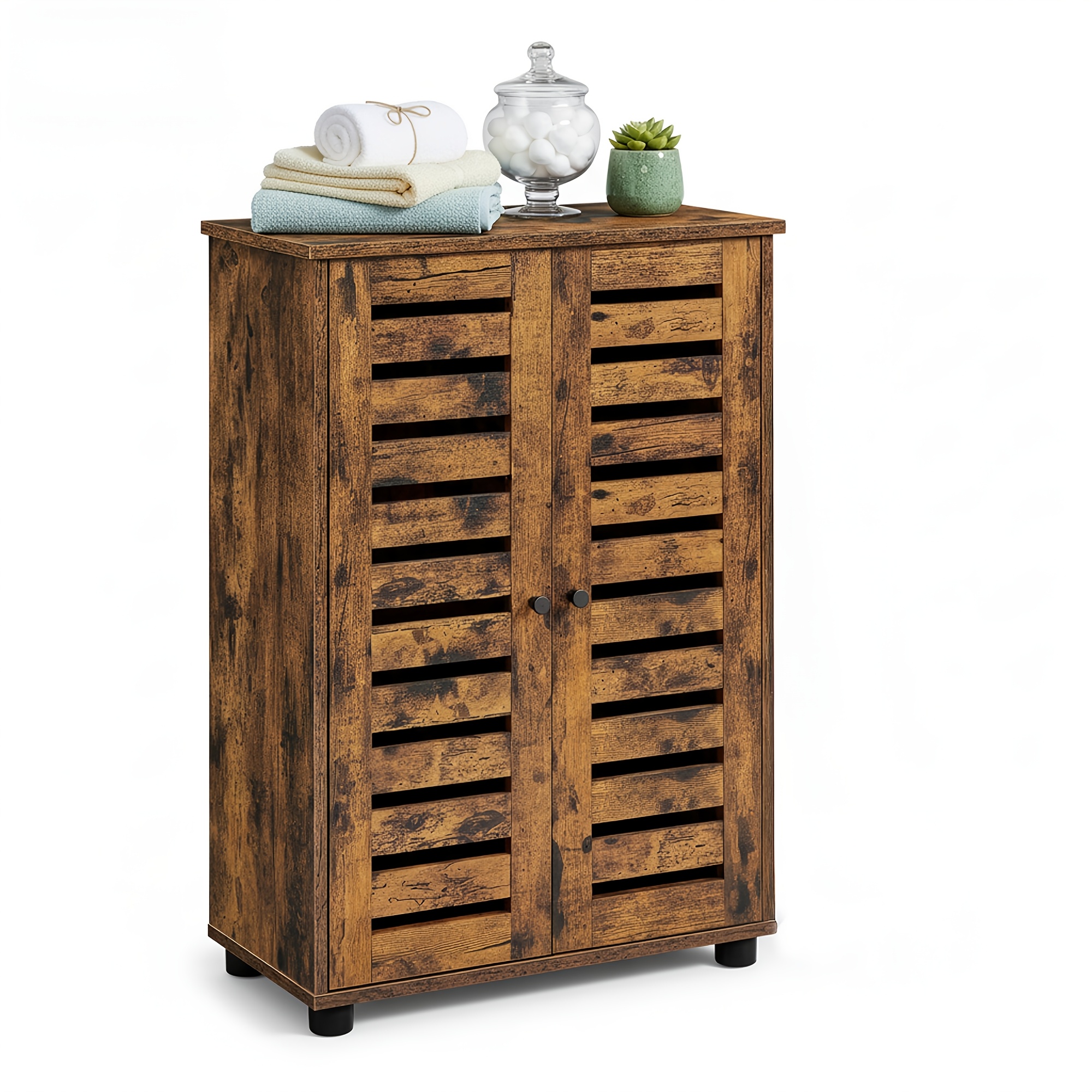 Bathroom Floor Cabinet, Storage Cabinet Unit, Multipurpose Cabinet, With 2 Louvred Doors, Adjustable Shelf, Sideboard, For Bedroom, Living Room, Kitchen, Rustic Brown, 60 X 30 X 82cm