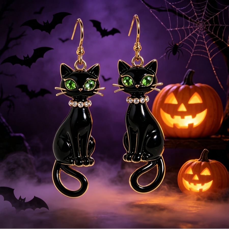 TEMU 1 Paire de Boucles d'Oreilles Halloween, Convient aux Femmes et, Boucles d'Oreilles Pendentif Chat Émaillé avec Collier de , Crochets d'Oreilles
