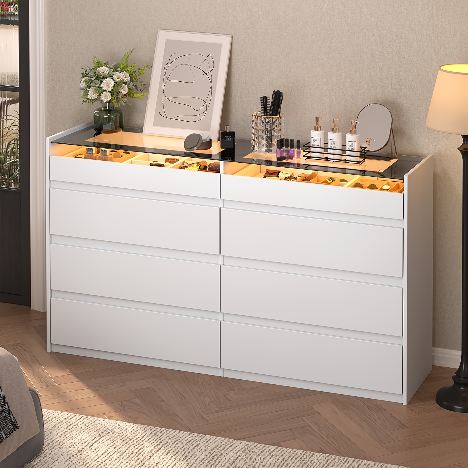 TEMU 8 Drawer Dresser With Glass Top And Led Light, Modern Chest Of Drawers, White Dresser For Bedroom, Jewelry Dresser Display, Dressers Organizer