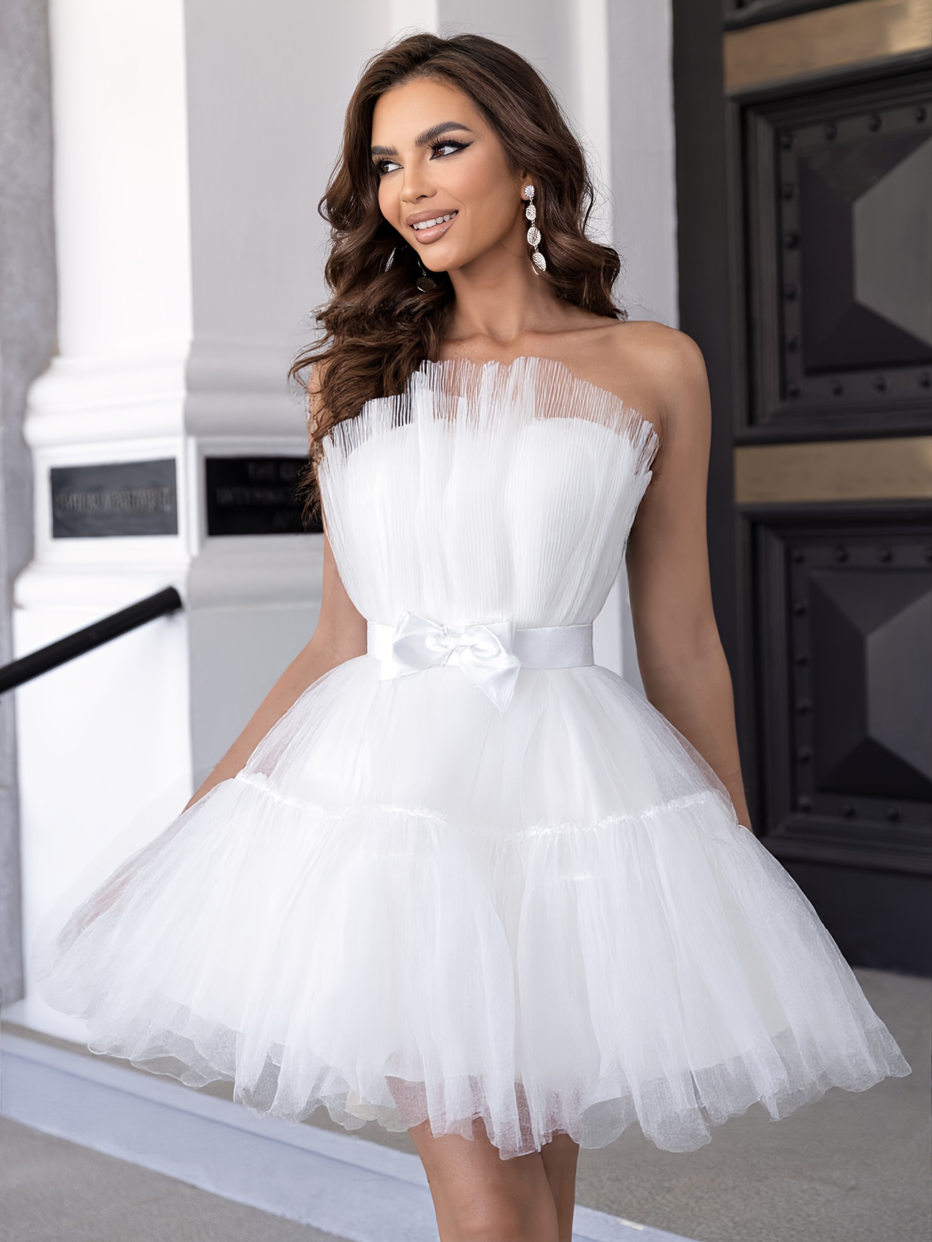 Women's Strapless * Sweet & * Tulle Dress with Bow Detail - Flared  Knee-Length Flared Skirt for Weddings, Parties & * - Middle Eastern-* Cute  Dresses, Wedding Guest Attire, Sleek Fitted Top
