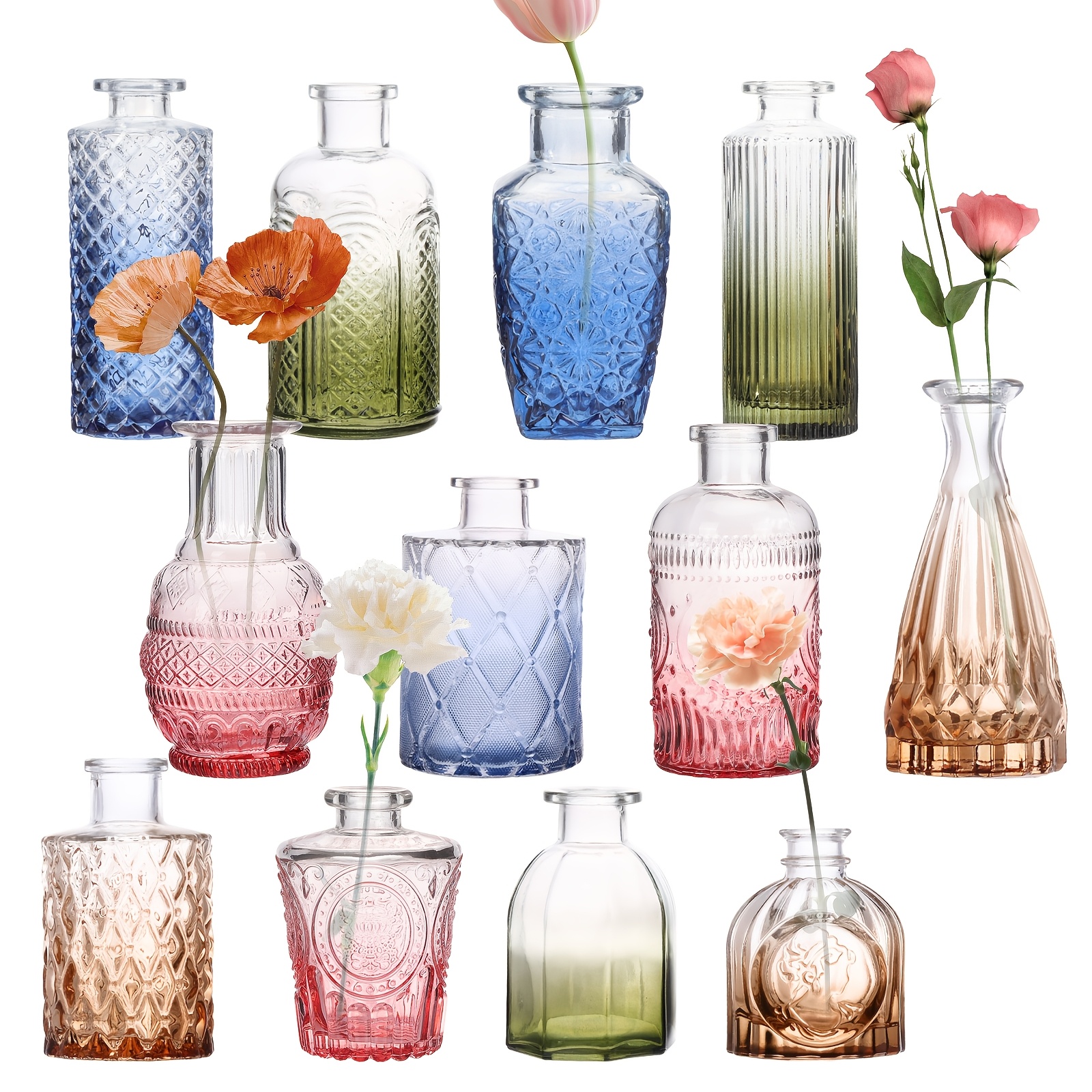 TEMU Tomnk 12pcs Glass Bud Vase Set In Bulk, Gradual Colours Relief Vase For Centerpieces, Mini Vintage Glass Flower Vases For Wedding Home Table Party Decor