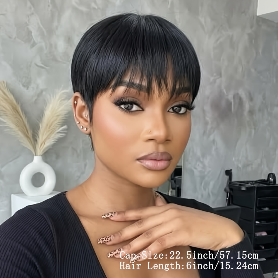 TEMU Perruque Femme Courte Coupe Droite en Cheveux Humains, Entièrement à , Couleur Noire, Convient pour , les Festivals, des et l'Été