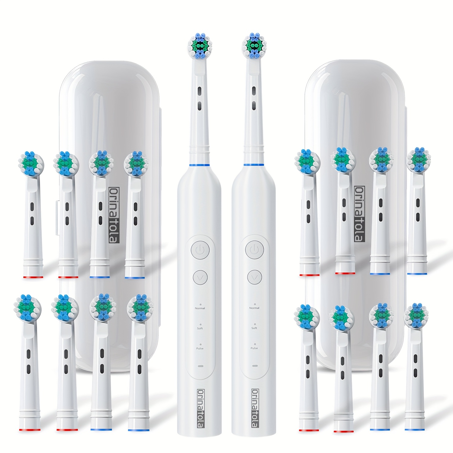 Een oplaadbare elektrische tandenborstel voor volwassenen, met een compacte ronde roterende borstelkop voor effectieve reiniging, IPX7-klasse, en inclusief 8 vervangende borstelkoppen.