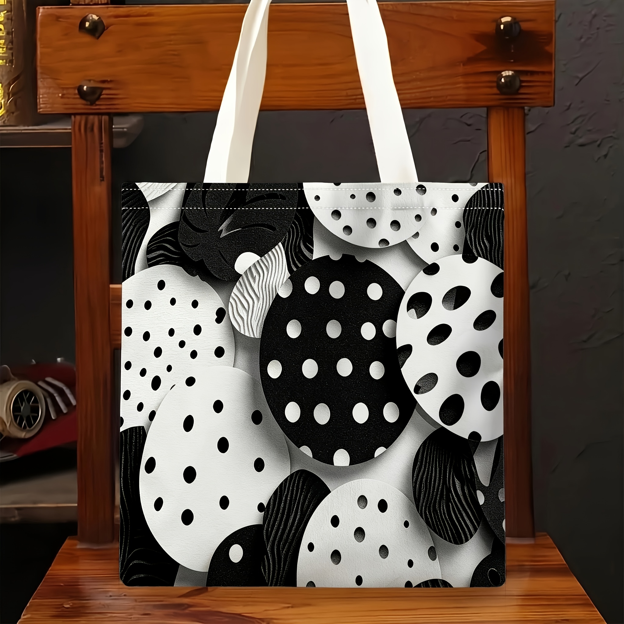 TEMU 1pc, Women's Handbag, 2d Flat Black And White Polka Dot Theme Printed Shoulder Bag, Exquisite Women's Handbag, Reusable, Lightweight Shoulder