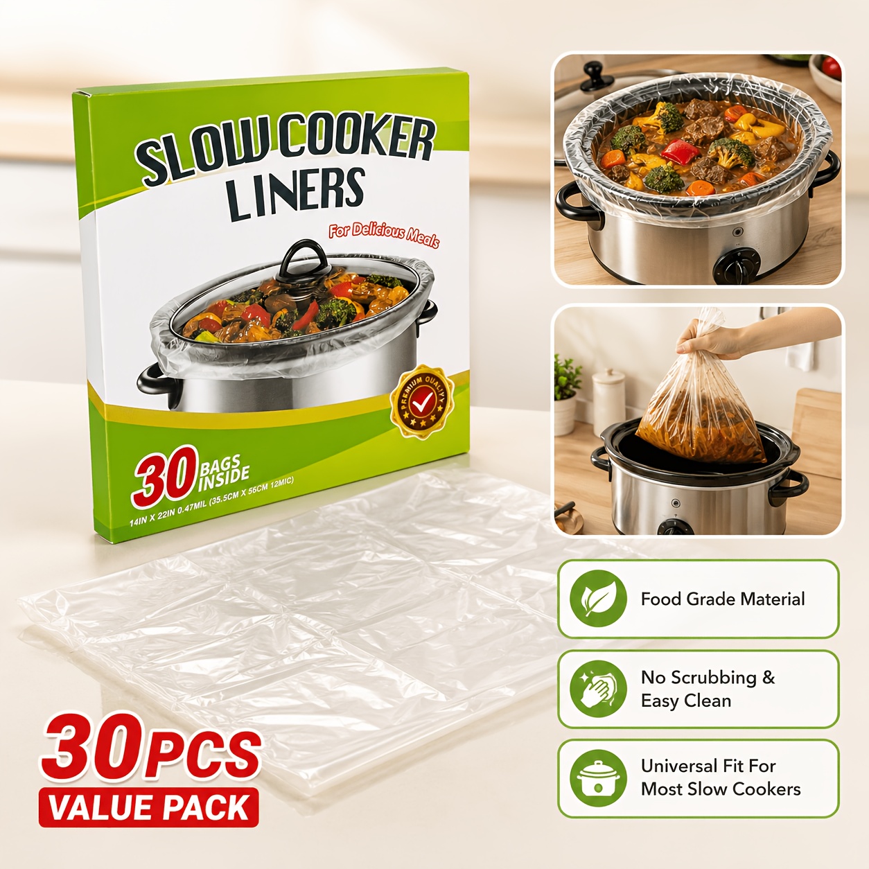 TEMU 30pcs Slow Cooker Liners, 14" X 22" Food Grade Disposable Liners, Heat Resistant Leak-proof Cooking Bags, Universal Fit Most Slow Cook Pots,
